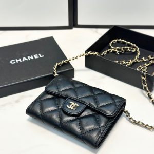 Classic Flap Chain Card Wallet Gold Metal Black
