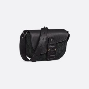 DIOR Mini Saddle Messenger Bag with Flap Black Oblique Jacquard and Black Grained Calfskin
