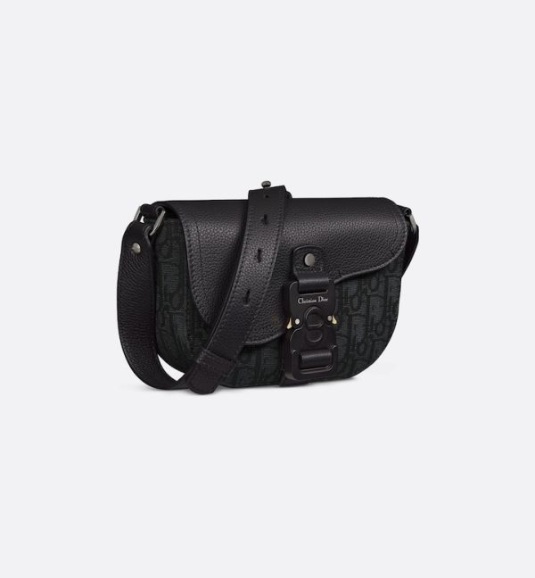 DIOR Mini Saddle Messenger Bag with Flap Black Oblique Jacquard and Black Grained Calfskin