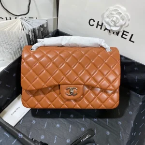 Chanel Large Classic Handbag Silver Hardware Brown For Women, Women's Handbags, Shoulder Bags 11.8in/30cm