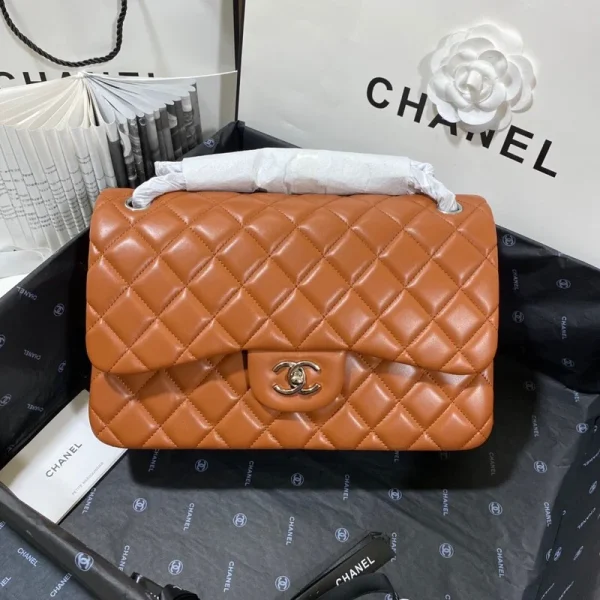 Chanel Large Classic Handbag Silver Hardware Brown For Women, Women's Handbags, Shoulder Bags 11.8in/30cm