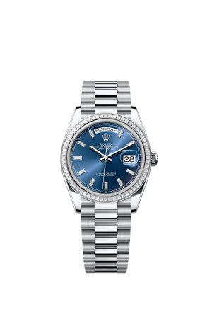 The Oyster Perpetual Day-Date 36 in platinum features a brilliant blue dial set with diamonds, a diamond-set bezel and a President bracelet. -m128396tbr-0024