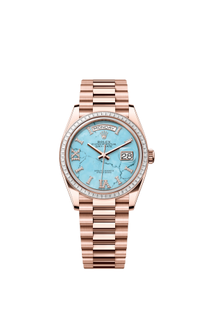 The Oyster Perpetual Day-Date 36 in 18 ct Everose gold with a diamond-set turquoise dial, diamond-set bezel and President bracelet. -m128395tbr-0018