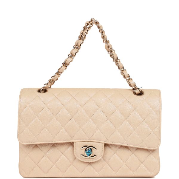 Medium Classic Double Flap Bag Beige Iridescent Caviar Light Gold Hardware