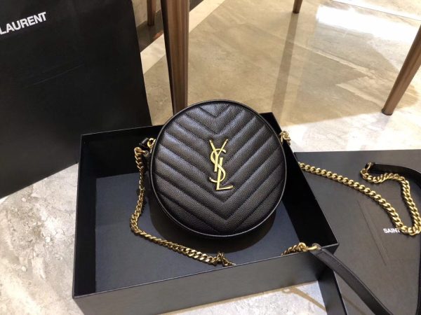YSL Vinyle Round Camera BAG In Chevron Quilted Grain De Poudre Embossed Leather