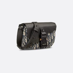 DIOR Mini Saddle Messenger Bag with Flap Beige and Black Oblique Jacquard with Black Grained Calfskin
