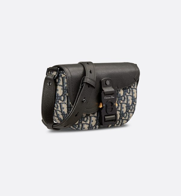 DIOR Mini Saddle Messenger Bag with Flap Beige and Black Oblique Jacquard with Black Grained Calfskin