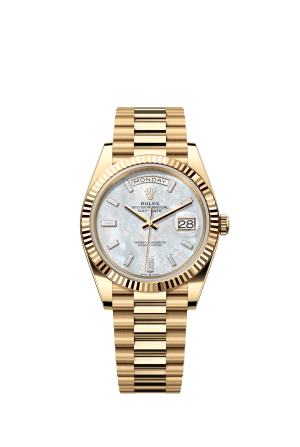 The Oyster Perpetual Day-Date 40 is in 18 ct yellow gold with a diamond-set white mother-of-pearl dial, fluted bezel and President bracelet. -m228238-0071
