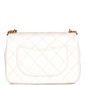 Large Single Flap White Caviar Leather Antique Gold Hardware