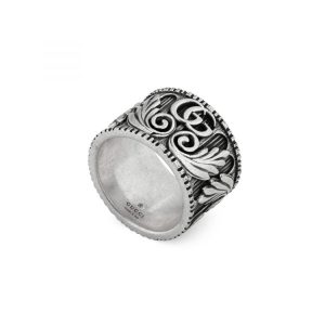 GUCCI DOUBLE G SILVeR RING WITH LEAVES