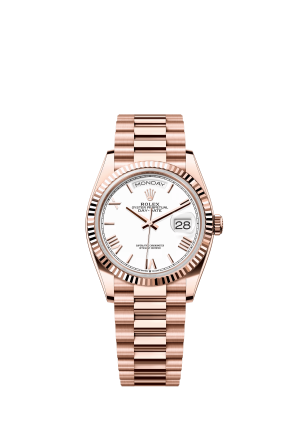 The Oyster Perpetual Day-Date 36 in 18 ct Everose gold with a white dial, fluted bezel and President bracelet. -m128235-0070
