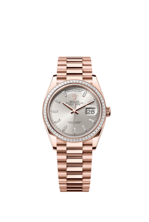 The Oyster Perpetual Day-Date 36 in 18 ct Everose gold features a diamond-set silver dial, diamond-set bezel and President bracelet. -m128395tbr-0030