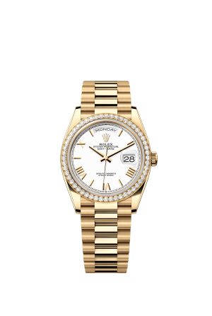 The Oyster Perpetual Day-Date 36 in 18 ct yellow gold with a white dial, diamond-set bezel and President bracelet. -m128348rbr-0064