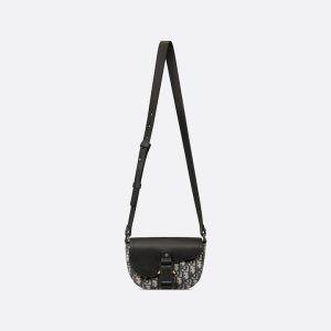 DIOR Mini Saddle Messenger Bag with Flap Beige and Black Oblique Jacquard with Black Grained Calfskin