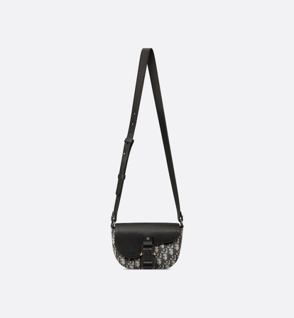 DIOR Mini Saddle Messenger Bag with Flap Beige and Black Oblique Jacquard with Black Grained Calfskin