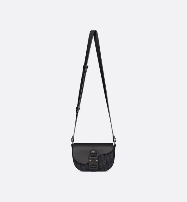 DIOR Mini Saddle Messenger Bag with Flap Black Oblique Jacquard and Black Grained Calfskin