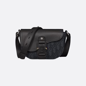 DIOR Mini Saddle Messenger Bag with Flap Black Oblique Jacquard and Black Grained Calfskin