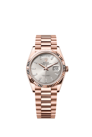 The Oyster Perpetual Day-Date 36 in 18 ct Everose gold features a diamond-set silver dial, fluted bezel and President bracelet. -m128235-0087
