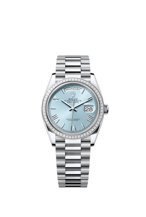 The Oyster Perpetual Day-Date 36 in platinum with an ice-blue dial, diamond-set bezel and President bracelet. -m128396tbr-0019