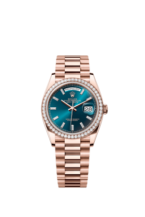 The Oyster Perpetual Day-Date 36 in 18-carat Everose gold with a diamond-set blue dial, diamond-set bezel and President bracelet. -m128345rbr-0083