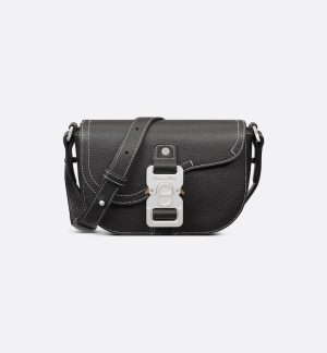 DIOR Mini Saddle Messenger Bag with Flap Black Grained Calfskin