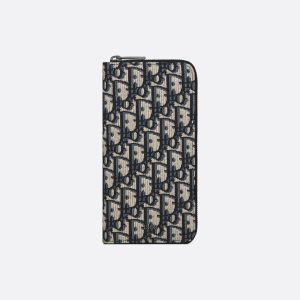DIOR Vertical Long Zipped Wallet Beige and Black Oblique Jacquard