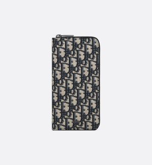 DIOR Vertical Long Zipped Wallet Beige and Black Oblique Jacquard