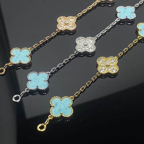 Van Cleef & Arpels CLOVER 5 MOTIF TURQUOISE DIAMOND GOLD BRACELET