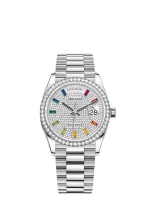 The Oyster Perpetual Day-Date, automatic, 36mm diameter, rainbow indexes, starry dial, 18k white gold case, bezel set with 52 round diamonds. -128349rbr-0006