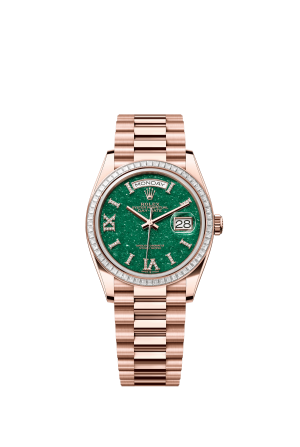 The Oyster Perpetual Day-Date 36 in 18 ct Everose gold features a diamond-set green aventurine dial, a diamond-set bezel and a President bracelet. -m128395tbr-0020