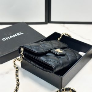 Classic Flap Chain Card Wallet Gold Metal Black