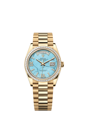 The Oyster Perpetual Day-Date 36 in 18 ct yellow gold with a diamond-set turquoise dial, diamond-set bezel and President bracelet. -m128398tbr-0014