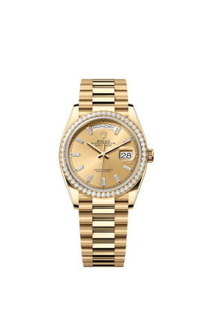 The Oyster Perpetual Day-Date 36 in 18 ct yellow gold with a diamond-set champagne dial, diamond-set bezel and President bracelet. -m128348rbr-0080