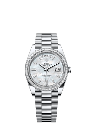 The Oyster Perpetual Day-Date 40 in platinum with a diamond-set white mother-of-pearl dial, diamond-set bezel and President bracelet. -m228396tbr-0043