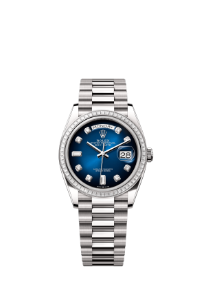 The Oyster Perpetual Day-Date 36 in 18 ct white gold features a graduated blue dial set with diamonds, a diamond-set bezel and a President bracelet. -m128399tbr-0007