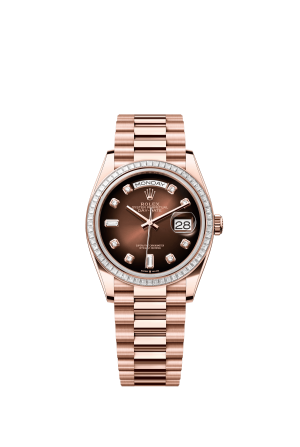 The Oyster Perpetual Day-Date 36 in 18 ct Everose gold features a graduated brown diamond-set dial, a diamond-set bezel and a President bracelet. -m128395tbr-0004