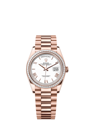 The Oyster Perpetual Day-Date 36 in 18-carat Everose gold with a white dial, diamond-set bezel and President bracelet. -m128395tbr-0022