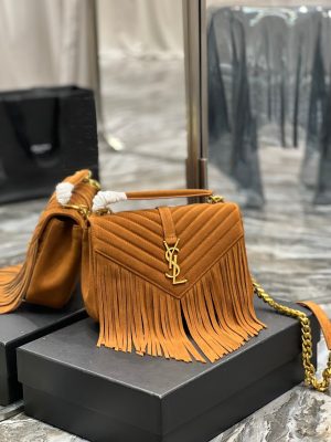 YSL College Medium Chain Bag In Light Suede With Fringes