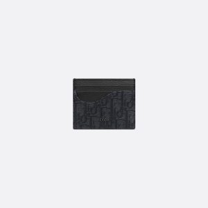DIOR Saddle Card Holder Black Grained Calfskin Marquetry and Black Oblique Jacquard