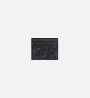DIOR Saddle Card Holder Black Grained Calfskin Marquetry and Black Oblique Jacquard