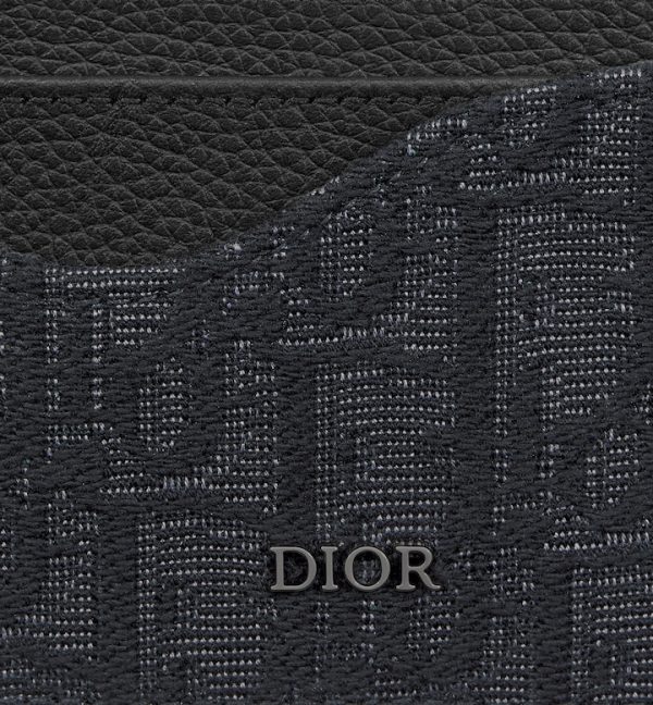 DIOR Saddle Card Holder Black Grained Calfskin Marquetry and Black Oblique Jacquard