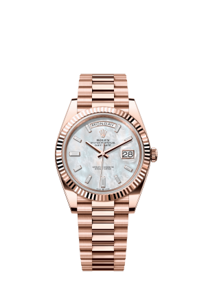 The Oyster Perpetual Day-Date 40 in 18 ct Everose gold features a diamond-set white mother-of-pearl dial, fluted bezel and President bracelet. -m228235-0056
