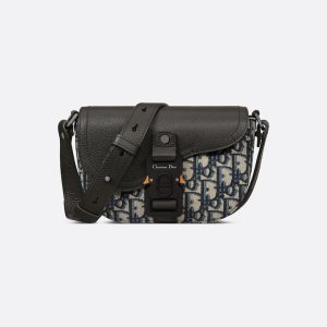 DIOR Mini Saddle Messenger Bag with Flap Beige and Black Oblique Jacquard with Black Grained Calfskin