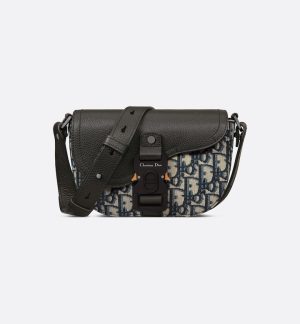 DIOR Mini Saddle Messenger Bag with Flap Beige and Black Oblique Jacquard with Black Grained Calfskin