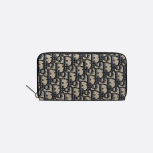 DIOR Zipped Long Wallet Beige and Black Oblique Jacquard