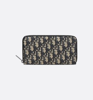 DIOR Zipped Long Wallet Beige and Black Oblique Jacquard