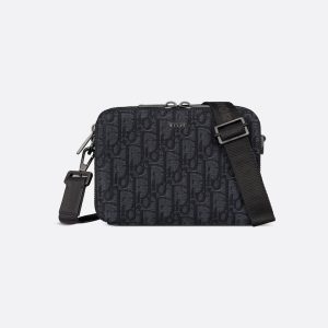 DIOR Zipped Pouch with Strap Black Oblique Jacquard