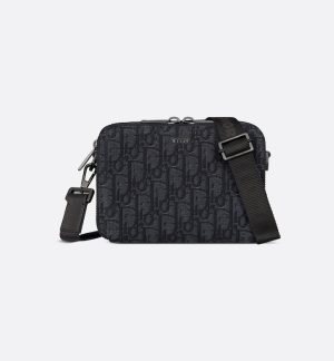 DIOR Zipped Pouch with Strap Black Oblique Jacquard