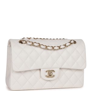 Small Classic Double Flap Bag White Caviar Light Gold Hardware