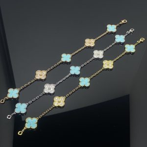 Van Cleef & Arpels CLOVER 5 MOTIF TURQUOISE DIAMOND GOLD BRACELET